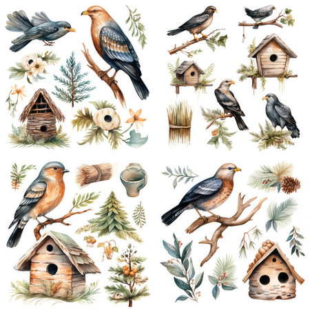 Watercolor set of birds, birdhouses, birds and flowers. Illustrationの素材