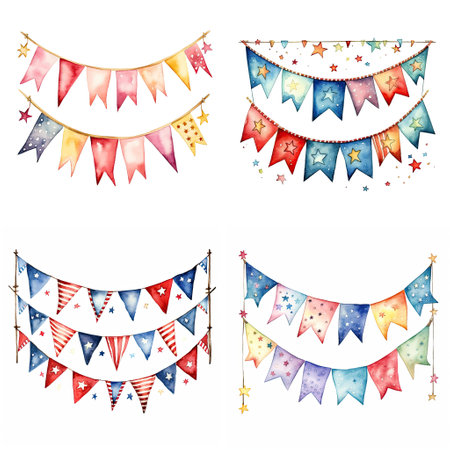 Bunting flags set. Hand drawn watercolor illustration isolated on white backgroundの素材