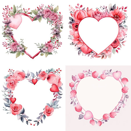 Watercolor floral heart shape frames set. Hand painted flowers, leaves and branches isolated on white background. Perfect for wedding invitations, greeting cards.の素材