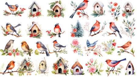 Watercolor birds and houses on a white background. Vector illustration.の素材