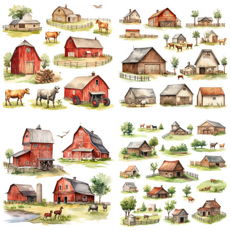 Watercolor set of farm animals, isolated on white background. Hand drawn illustrationの素材