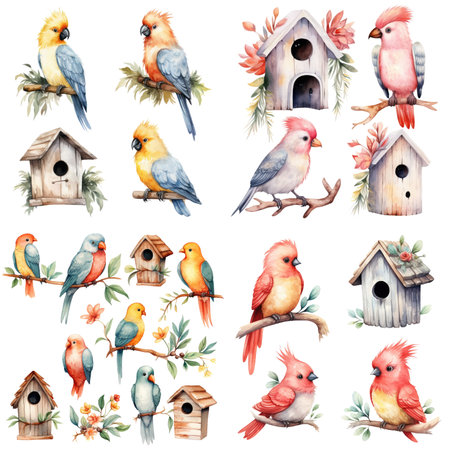 Watercolor birds and birdhouses. Hand drawn illustration isolated on white backgroundの素材