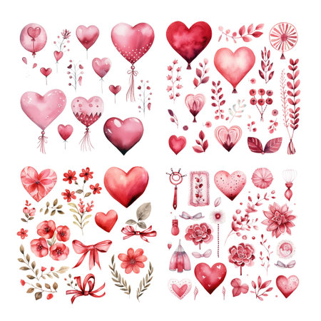 Set of watercolor hearts, flowers and leaves. Hand drawn vector illustration.の素材