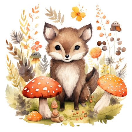 Cute fox with mushrooms. Watercolor illustration isolated on white backgroundの素材