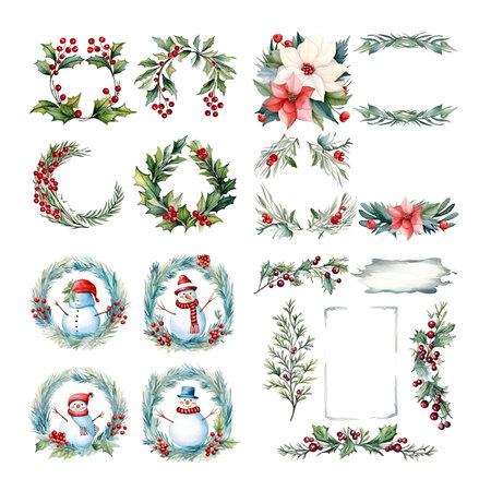 Watercolor Christmas wreaths with flowers, berries and snowmanの素材