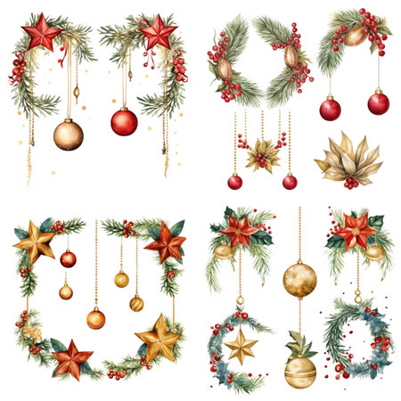 Watercolor Christmas wreaths and ornaments set isolated on white backgroundの素材