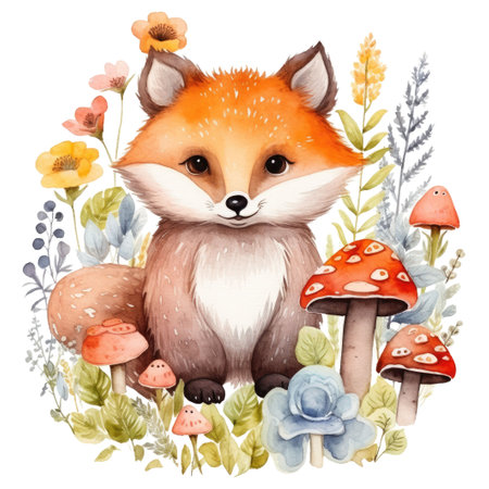 Watercolor illustration of a cute fox with flowers and mushrooms isolated on white backgroundの素材