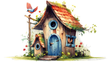 Wooden birdhouse in the garden. Watercolor hand drawn illustrationの素材