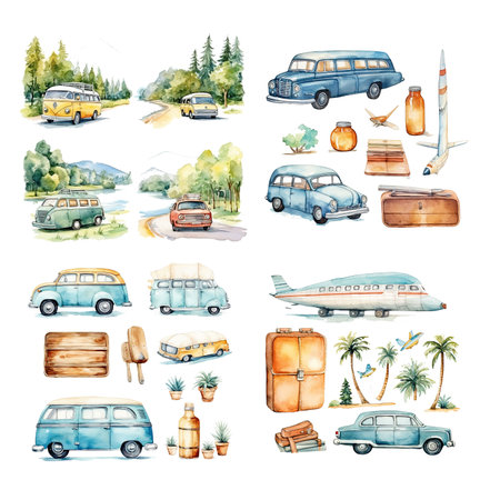 Watercolor travel icons set. Camper van, airplane, luggage, palm tree, palm trees and other elements.の素材