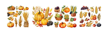 Autumn harvest. Set of pumpkins, grapes, wheat, corn, apples, berries, leaves. Vector illustrationの素材