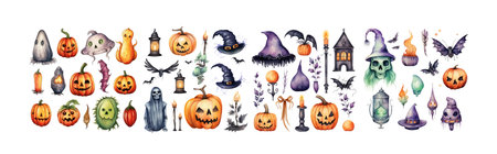 Halloween set of watercolor pumpkins, ghosts, witch hats, lanterns, bats, spiders, spiders, pumpkins.の素材
