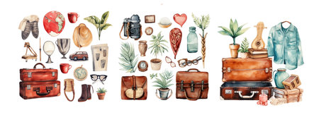 Vintage travel set. Hand drawn watercolor illustration isolated on white backgroundの素材