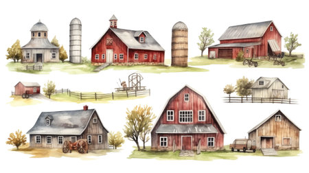 Watercolor set of farm buildings and barns. Hand drawn illustrationの素材