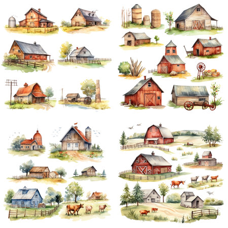 Watercolor farm set with barns and cows. Hand drawn illustrationの素材