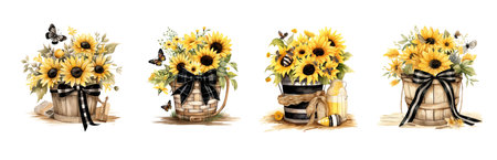 Bouquet of sunflowers in a basket. Watercolor illustration.の素材