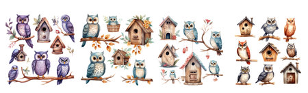 Cute cartoon owls and birdhouses set. Vector illustration.の素材
