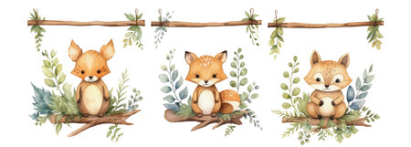 Watercolor cute foxes with branches, leaves and twigs.の素材