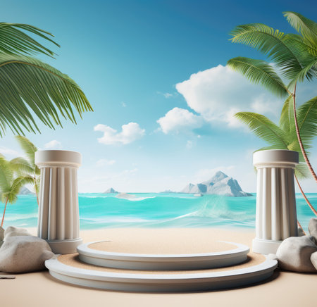 3d scene podium for presentation your product with summer theme backgroundの素材