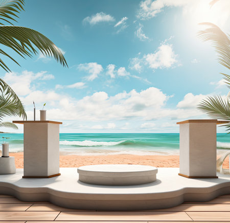 3d scene podium for presentation your product with summer theme backgroundの素材