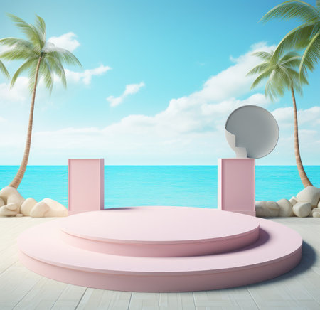 3d scene podium for presentation your product with summer theme backgroundの素材
