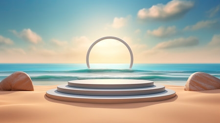 3d scene podium for presentation your product with summer theme backgroundの素材