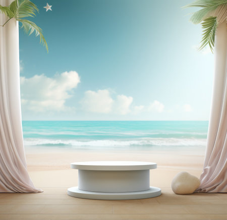 3d scene podium for presentation your product with summer theme backgroundの素材