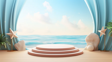 3d scene podium for presentation your product with summer theme backgroundの素材