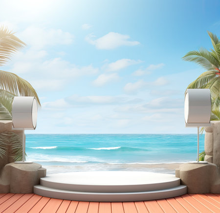 3d scene podium for presentation your product with summer theme backgroundの素材