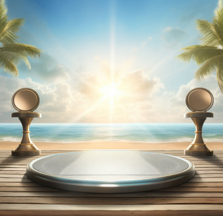 3d scene podium for presentation your product with summer theme backgroundの素材