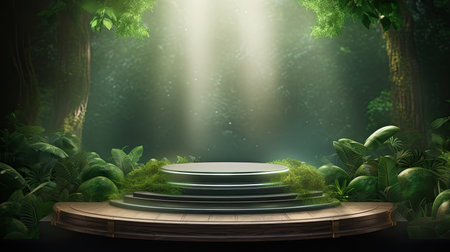 3d scene podium for presentation your product with nature theme backgroundの素材