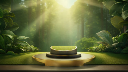 3d scene podium for presentation your product with nature theme backgroundの素材