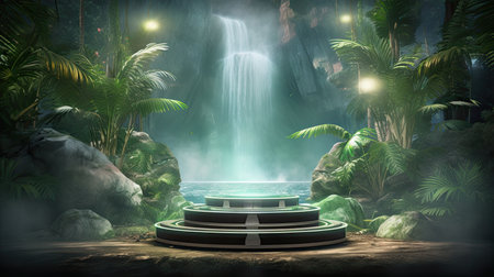 3d scene podium for presentation your product with nature theme backgroundの素材