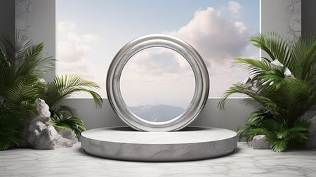 3d scene podium for presentation your product with nature theme backgroundの素材