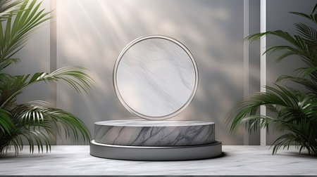 3d scene podium for presentation your product with nature theme backgroundの素材
