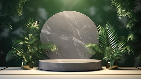 3d scene podium for presentation your product with nature theme backgroundの素材