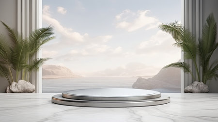 3d scene podium for presentation your product with nature theme backgroundの素材