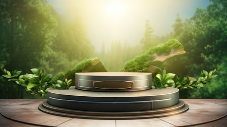 3d scene podium for presentation your product with nature theme backgroundの素材
