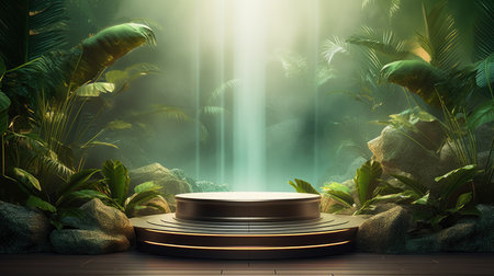 3d scene podium for presentation your product with nature theme backgroundの素材