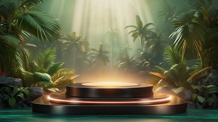 3d scene podium for presentation your product with nature theme backgroundの素材
