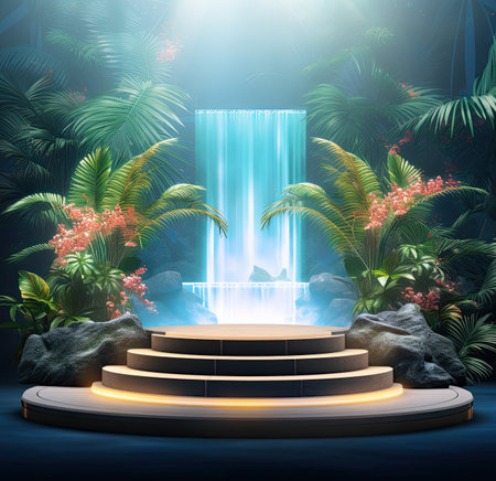 3d scene podium for presentation your product with nature theme backgroundの素材