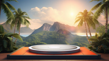 3d scene podium for presentation your product with nature theme backgroundの素材