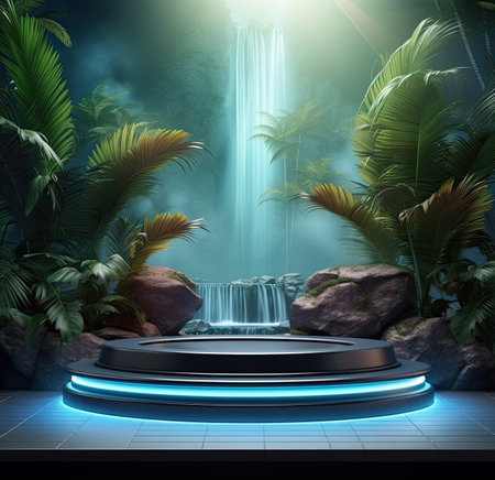 3d scene podium for presentation your product with nature theme backgroundの素材