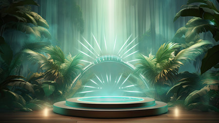 3d scene podium for presentation your product with nature theme backgroundの素材