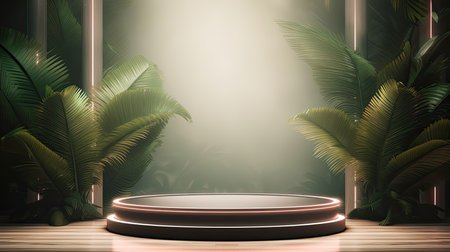 3d scene podium for presentation your product with nature theme backgroundの素材