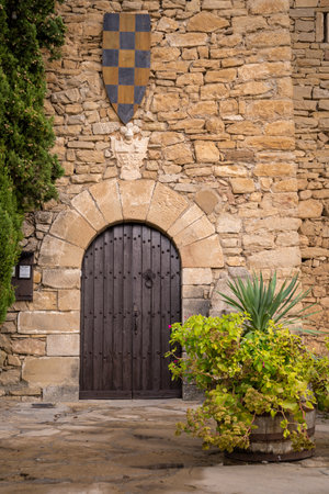 picturesque wooden door in montsonis castle wall with medieval shieldの写真素材