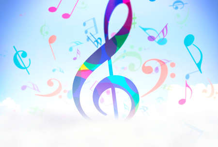 Colorful music background, treble clef and notes falling from sky onto cloudsの写真素材