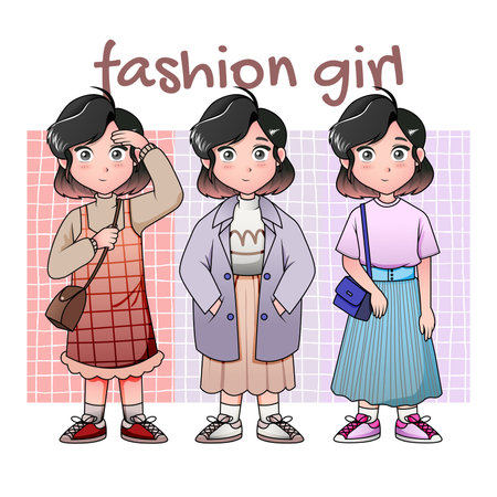 Vector SET of beautiful fashion hipster girl in winter clothes, sneakers, jacket and hat with bags.のイラスト素材