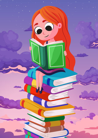 happy world book day illustration of a woman reading a book above the cloudsのイラスト素材