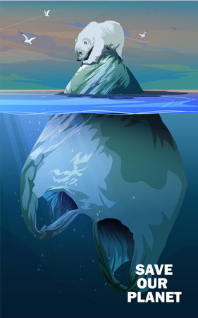 ocean pollution. trash that threatens the lives of animals such as polar bearsのイラスト素材