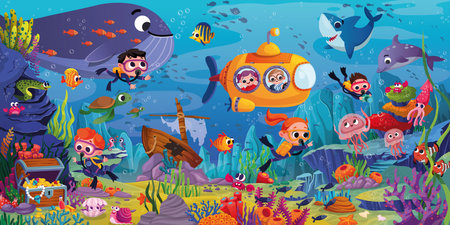 cute underwater illustration. the beauty of marine life. beautiful and colorful fish, algae and coral reefsのイラスト素材